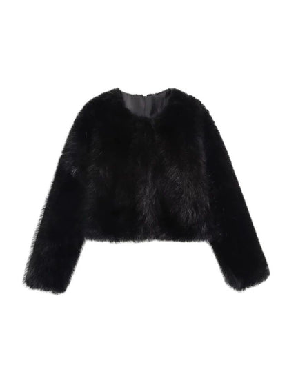 Women's Thick Warm Faux Fur Cropped Jacket, O Neck, Long Sleeve, Female Outerwear, Chic Tops, Fashion