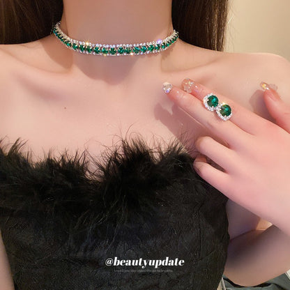 Conjunto de Joias Femininas com Colar de Luxo Verde Strass Brincos de Cristal Gargantilha Colares para Casamentos e Banquetes