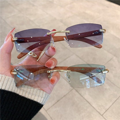 KAMMPT Rimless Sunglasses For Men Women Wooden Pattern Luxury Brand Retro Sun Glasses Fashion Shades UV400 Travel Outdoor