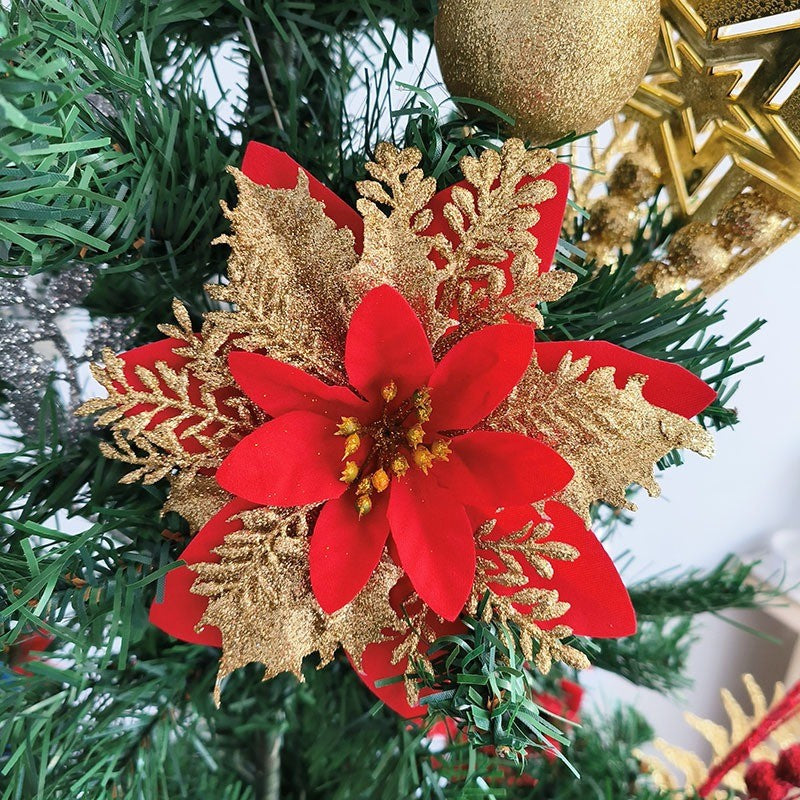 10PCS Glitter Artificial Christmas Flowers for Xmas Tree Ornament Fake Flower Floral with Clips New Year Party Home Decoration