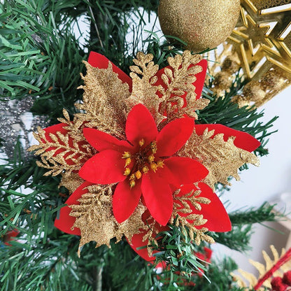 10PCS Glitter Artificial Christmas Flowers for Xmas Tree Ornament Fake Flower Floral with Clips New Year Party Home Decoration