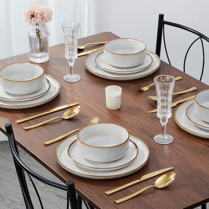 Conjunto de Pratos e Bowls para 4, Aparelho de Jantar em Grés de 12 Peças, Conjunto de Louças de Cerâmica com Esmalte Reativo, Micro-ondas e Lava-louças