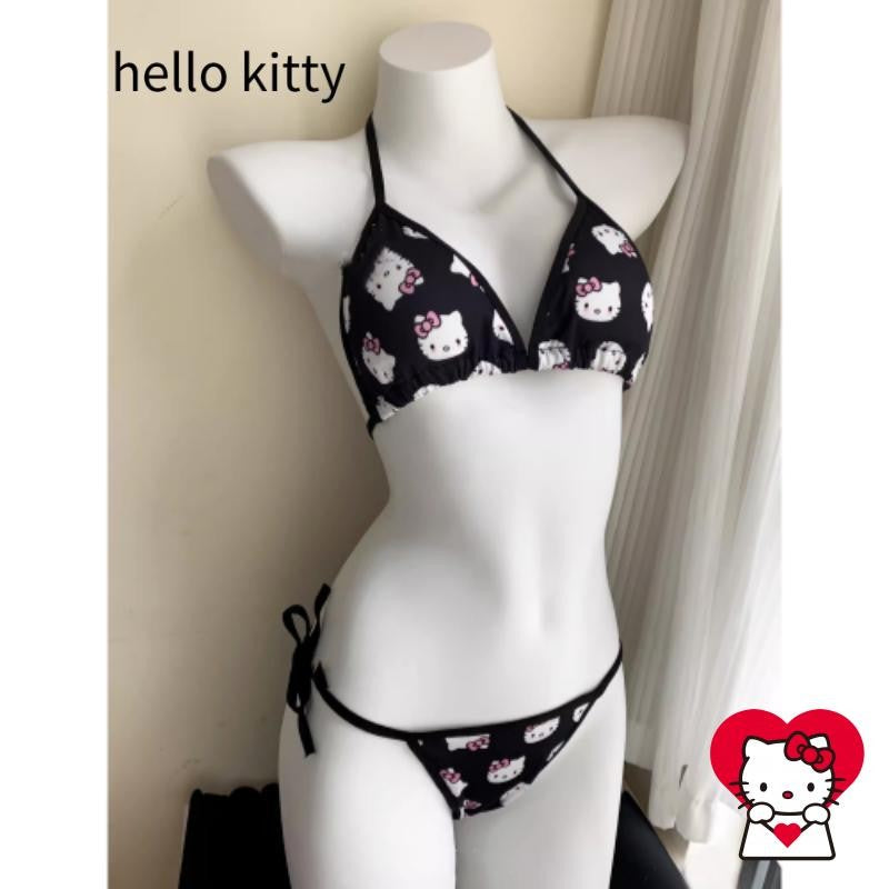 2Pcs Sanrio Cute Swimsuit Hello Kittys Girl Kawaii New Style Bikini Vacation Comfortable Two Piece Set Cartoon High End Gifts