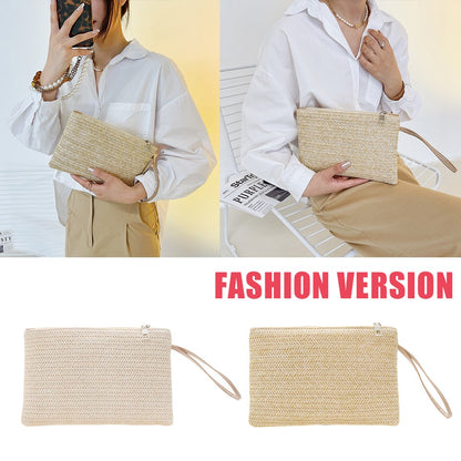 Women Girls Fashion Clutch Solid Straw Wristlet Bag Ladies Beach Summer Handbags Purse Daily Money Coin Phone Card Bag