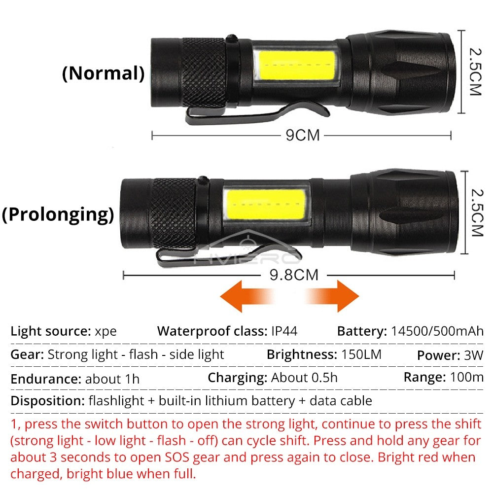 Flashlight Battery Charge Mini Led 3W Focus Adjustable Side Lamp Convenient Waterproof T6 Light Ultra Bright For Camping Hiking