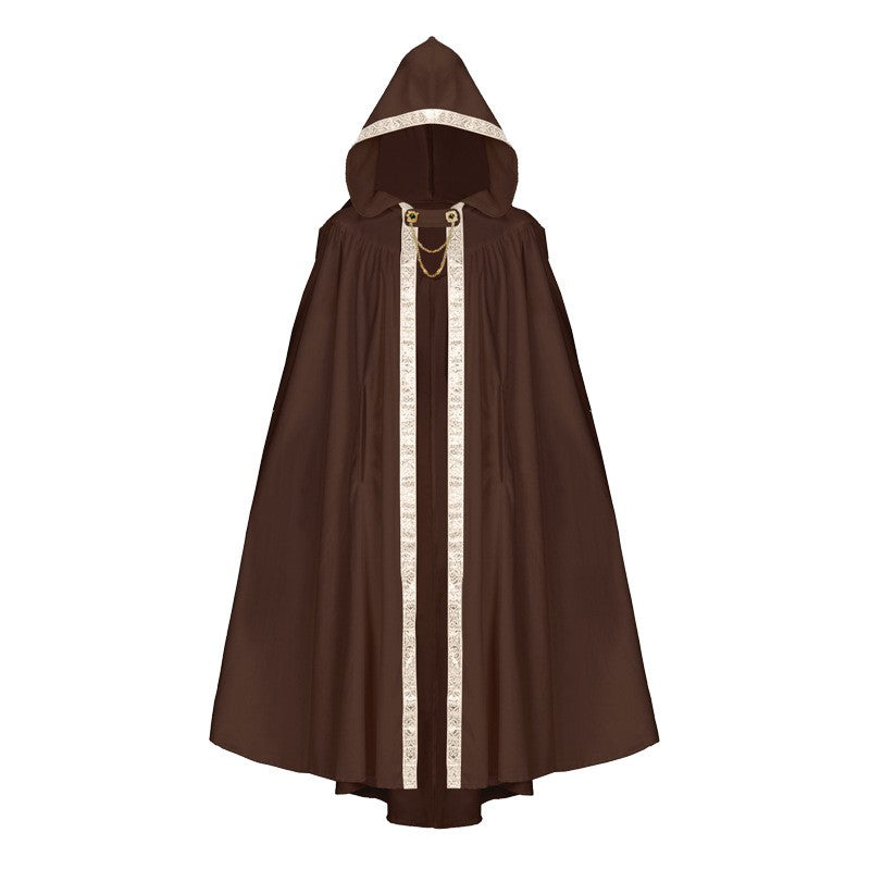 Medieval Lace Trim Hooded Cape 130cm Long Renaissance Wizard Witch Cloak Women Men Halloween Cosplay Costume