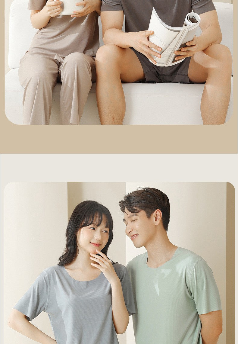 Pajamas Men Round Neck Short Sleeve Shorts Set Non-marking Ice Silkschool Pajamas Shorts Easy to Wash Solid Colour Large Size 3x