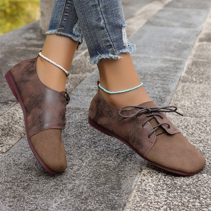 Brown Round Toe Flats Shoes Women 2025 Faux Suede Lace Up Flat Shoes for Woman Plus Size 43 Soft Walking Casual Shoes Female