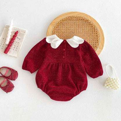 Newborn Christmas Red Clothes Autumn Kids Baby Girls Sweet Petal Collar Princess Rompers Infant New Baby Girls Rompers Clothes