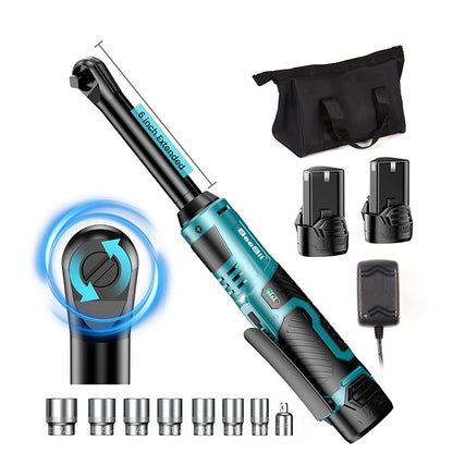 Chave Catraca Estendida SEESII 6" Chave Elétrica Sem Fio 3/8" 55Nm 12V Chave de Ângulo Recarregável Ferramentas para Reparo Automotivo c/2 Baterias