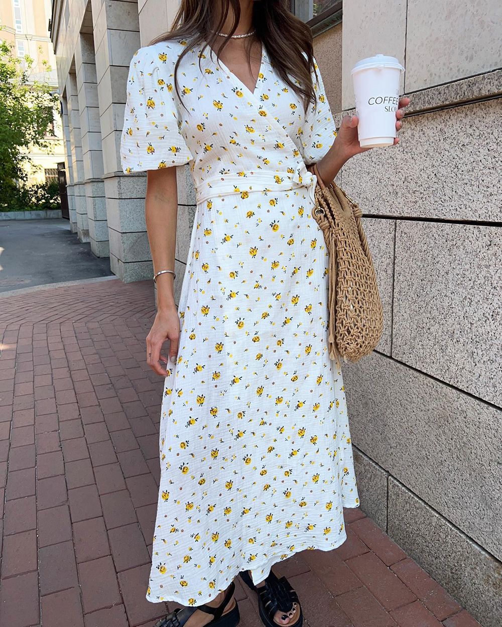 Casual Women's Summer Dresses 100% Cotton Floral Print A-line Midi Dress with Si