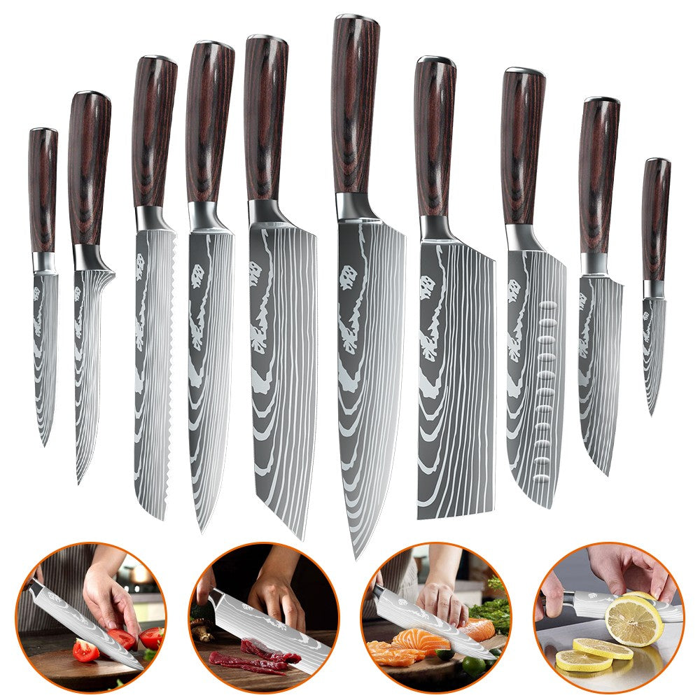 ZENG 10-piece set Damascus Pattern Cooking Cutter Kitchen Knife Chef Knives Meat Cleaver Fruit Vegetable Knife Slicing Knife