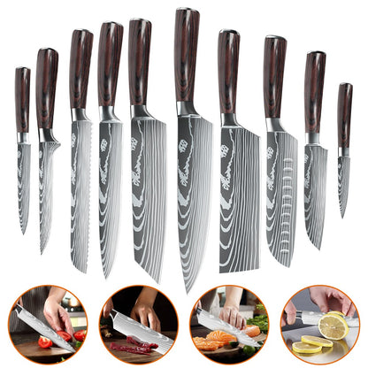 ZENG 10-piece set Damascus Pattern Cooking Cutter Kitchen Knife Chef Knives Meat Cleaver Fruit Vegetable Knife Slicing Knife