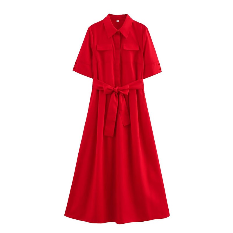 HipSeam Women Dress With Belt Spring Pocket Lady Dress Button Midi Dress Casual