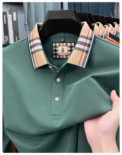 Luxury brand long sleeve polo shirt men comfortable casual autumn item silk cotton high-end Korean fashion plaid lapel T-shirt