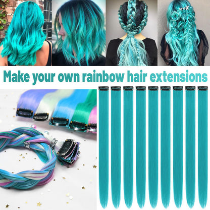 12 PCS Teal Blue Hair Extensions Clip in, Colored Party Highlights Extension for Kids Girls Synthetic Hairpiece Straight 22 inch