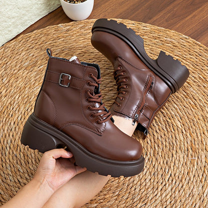Brown Retro  Boots For Women British Style2025Autumn And Winter New Thick-Soled Height-Increasing Short Boots With