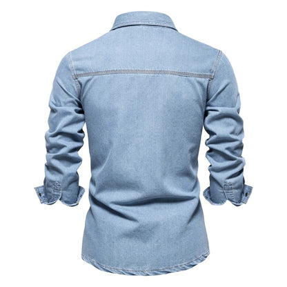 New Autumn 100% Cotton Mens Denim Shirts Solid Color Long Sleeve Cowboy Shirt Coat Fashion Casual Jean Shirt for Men