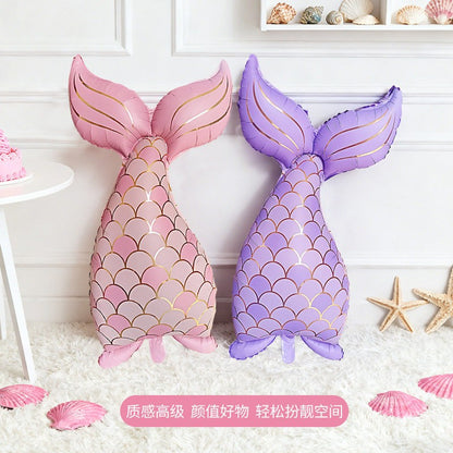 insOcean-themed girl princess mermaid tail, shells, dolphin, conch, balloons birthday party event decoration