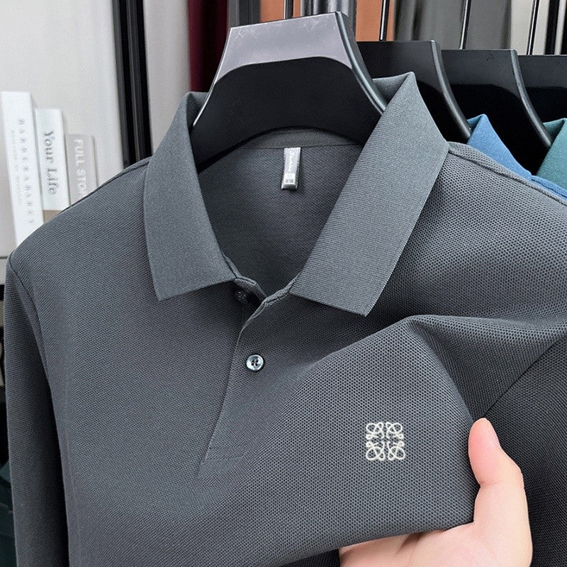 100% pure cotton spring and autumn fashionable men's collar striped long sleeved polo shirt brand embossed casual T-shirt