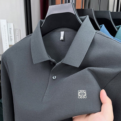 100% pure cotton spring and autumn fashionable men's collar striped long sleeved polo shirt brand embossed casual T-shirt