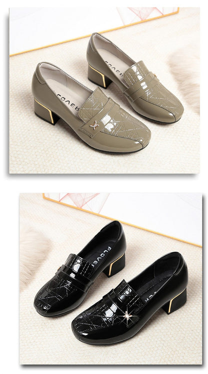 4.5cm British Style Deep Mouth Block Heels Shoes Women Loafers Bright Leather 2024 Spring Soft Leather Shoes for Office Mom