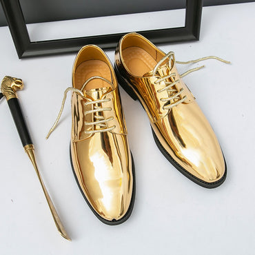 Golden Glossy Leather Shoes Man Formal Shoes Plus Size 38-50 Pointed Toe Men's Dress Shoes Comfortable Flat Party Shoes For Man