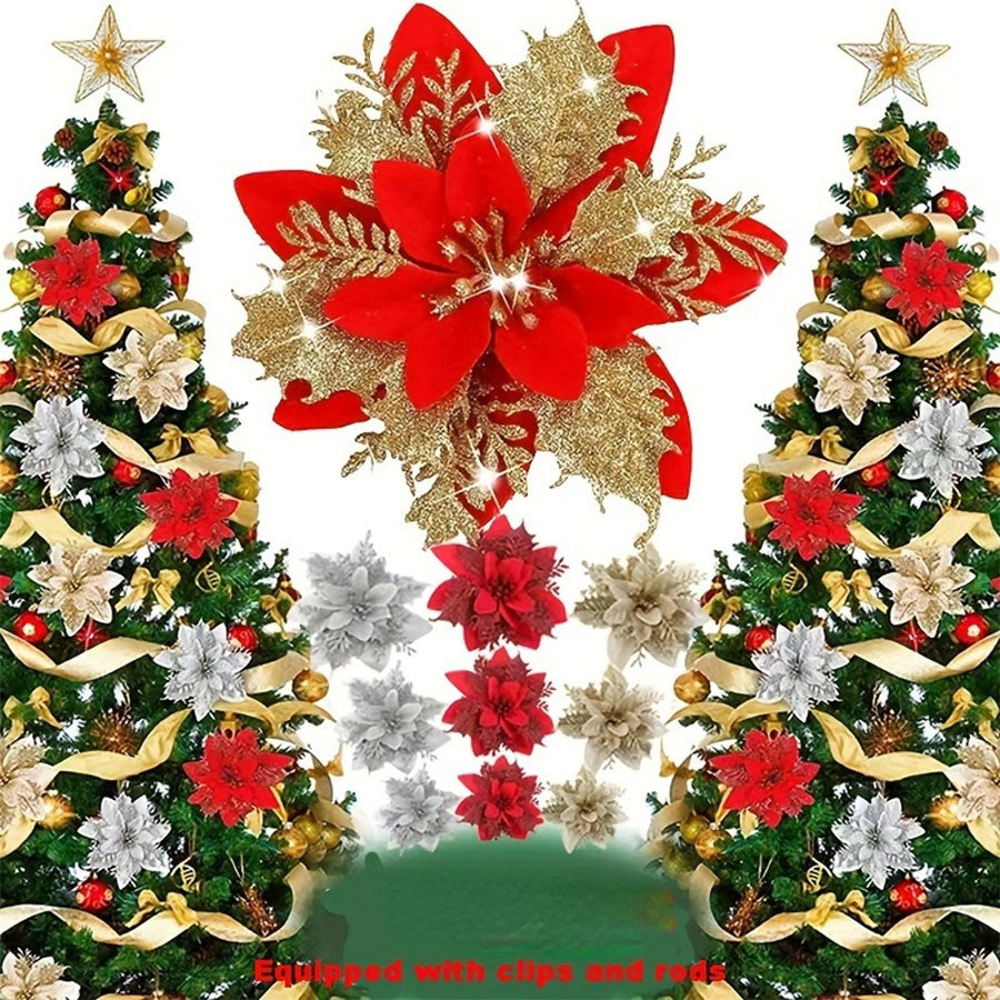 10pcs 14cm Glitter Poinsettia Christmas Artificial Flowers with Clips DIY Xmas Tree Ornaments Wreath Fireplace Decorations