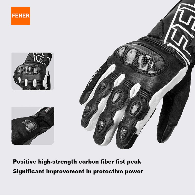 Luvas de Inverno FEHER para Moto Couro Touchscreen Quente Impermeável Junta de Dedo em Fibra de Carbono Luvas de Motociclismo