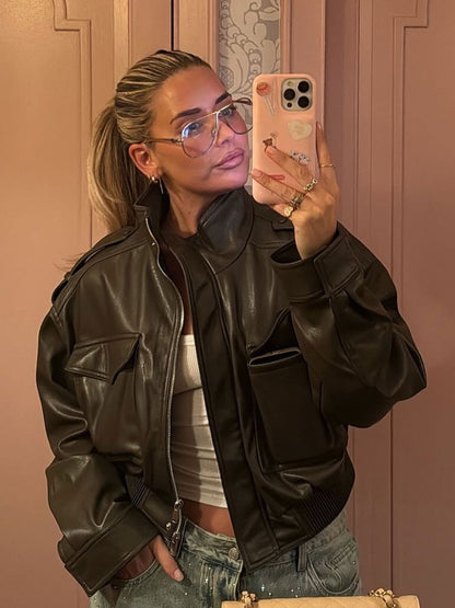 HH Women Large Front Pocket Jacket Vintage Solid Turtleneck Long Sleeve Zipper Faux Leather Jacket Fashion High Street Lady Coat