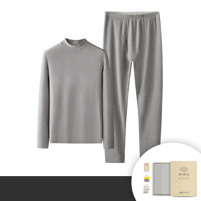 6760 Autumn Winter Keep Warm Slim Underwear Tops Pants For Men Good Quality Mulberry Silk Fleece Thicken Simple Male Sets Gift