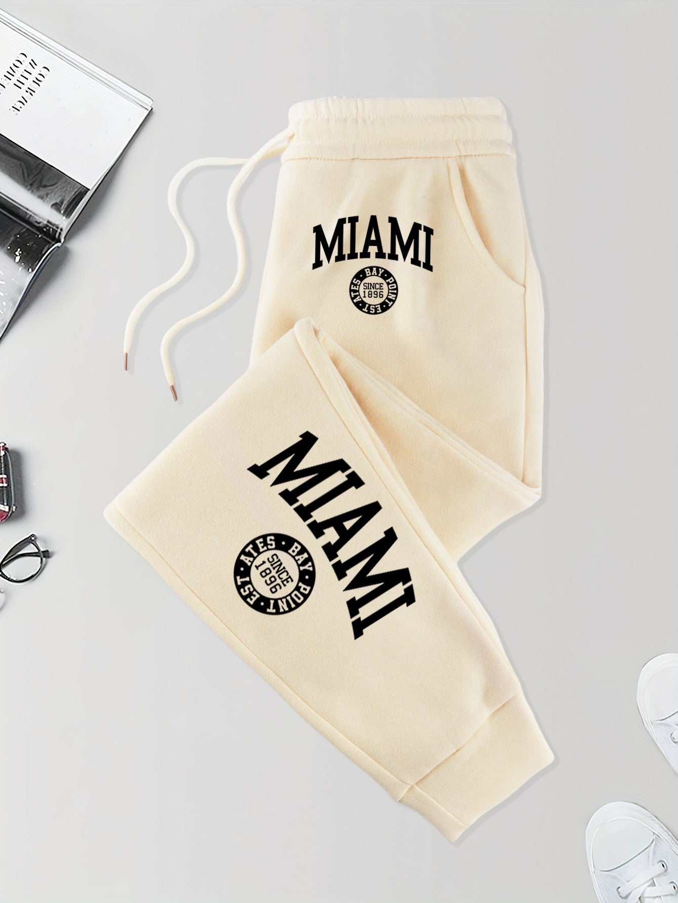 Calça Masculina Estampada Miami Desde 1896 com Cordão Outono Street Britches Cintura Elástica Bolso Esportivo Calças de Moletom Modernas