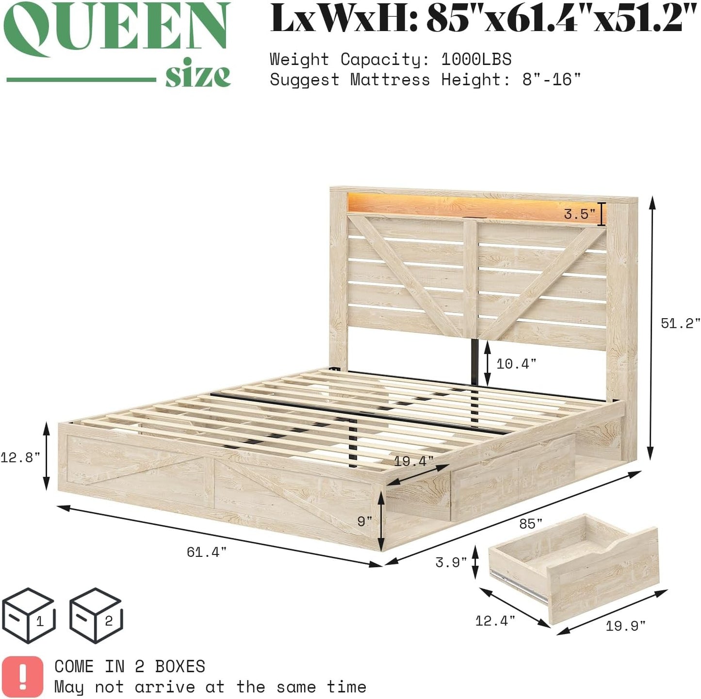 Farmhouse Bed Frame with 4 Drawers & 4 Open Storage Space, Queen Size Storage Bed with LED Light & Charging Station, Woo