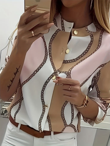 Plus Size Casual Top, Women's Plus Colorblock Chain Print Button Up Roll Up Sleeve Round Neck Top