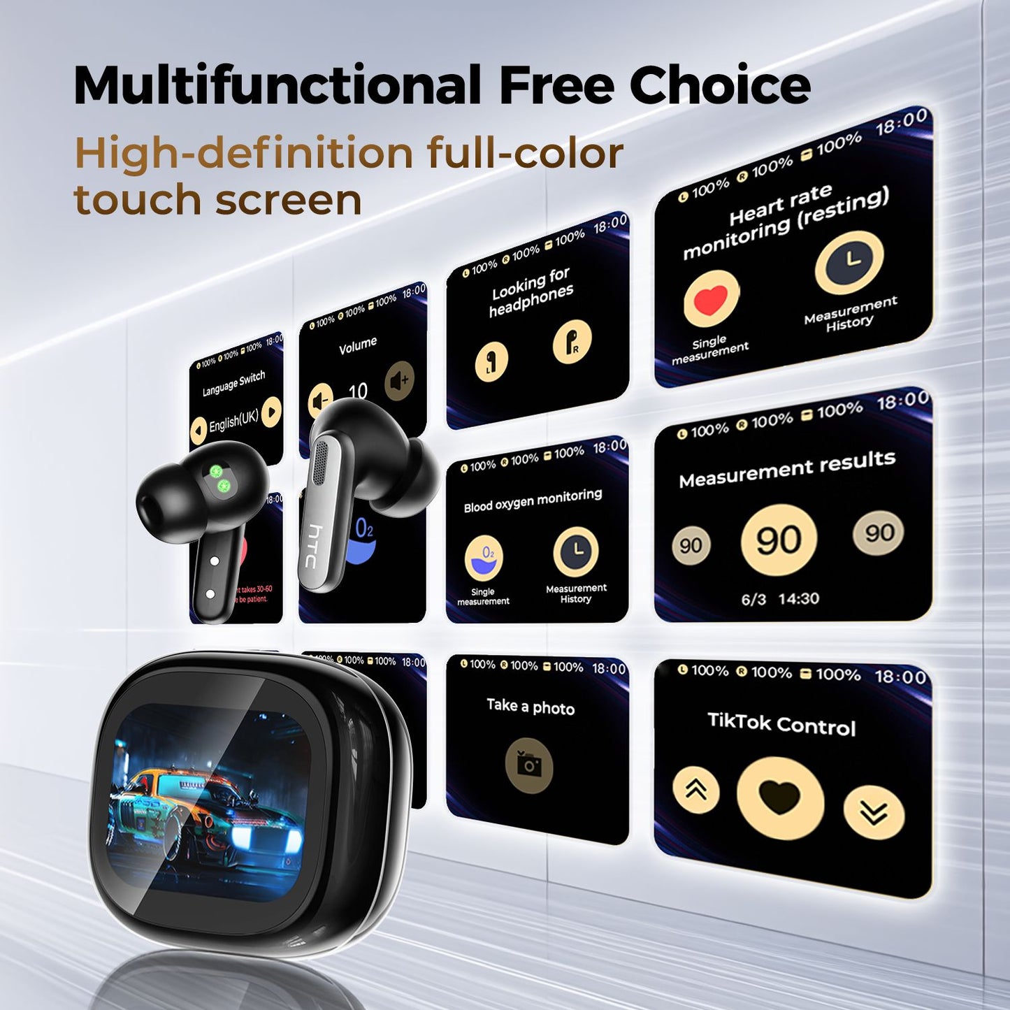 Bluetooth Headphones HTC Wireless Earphones Full HD LCD Display Earpiece Noise Canceling Earbuds Comfortable for Music Sport