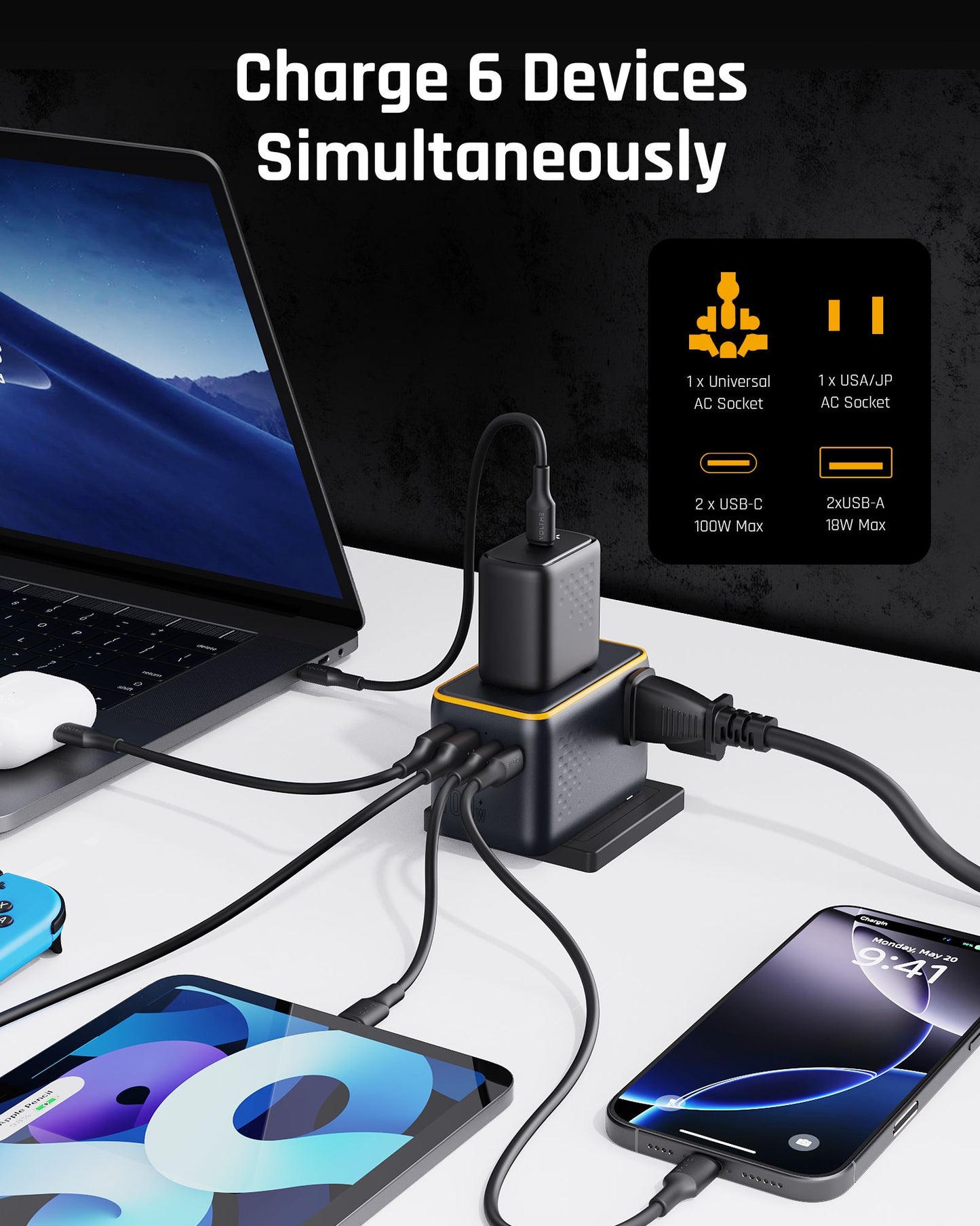 Adaptador de Viagem Universal VOLTME PD 100W USB C Duplo + USB-A com Tomada AC Carregador de Celular Carregador PD para iPhone 16 15 Xiaomi