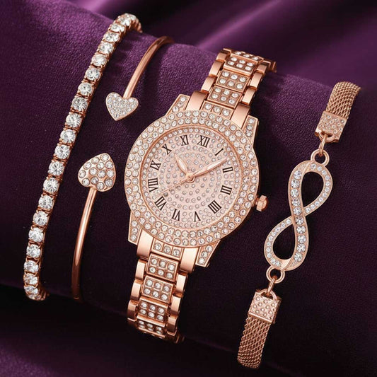 4PCS Luxury Women's Watch Set Trendy Fashion with Rhinestones Roman Numerals Round Dial Quartz watch Bracelet set Perfect Gift