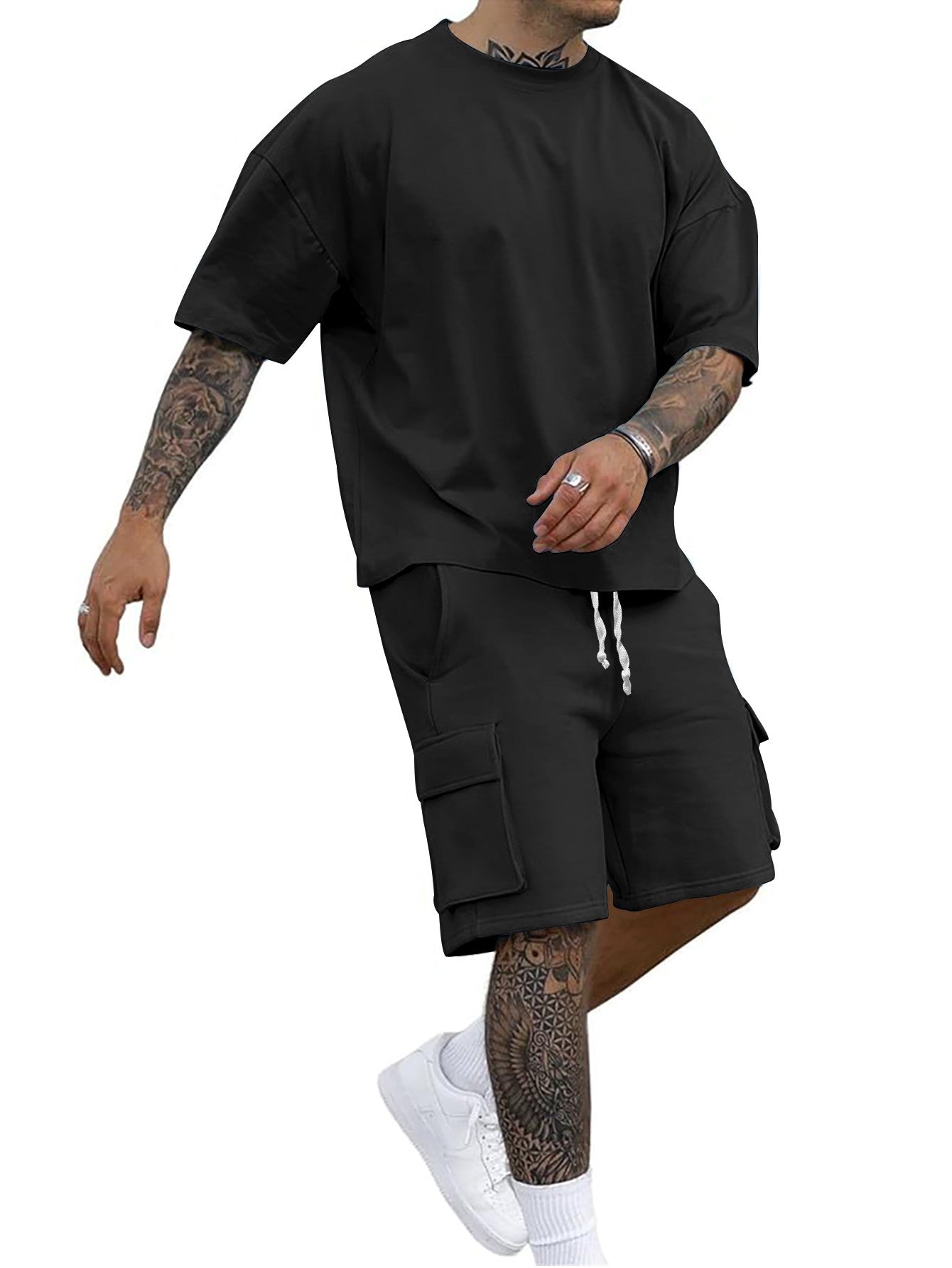 Summer new men's round neck short sleeve T-shirt shirt shorts two-piece suit loose large size ice