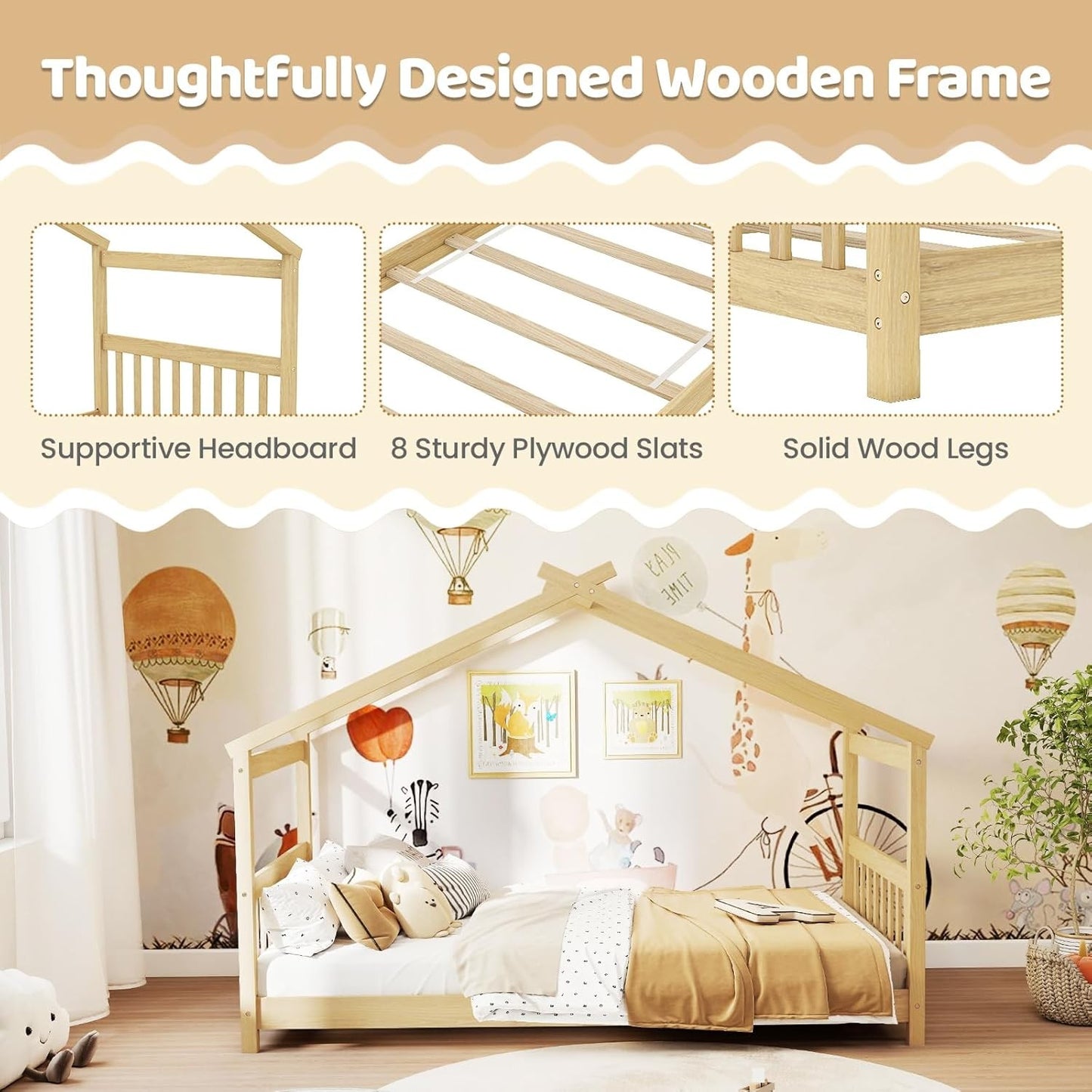 Cama de chão "Twin" com cabeceira e peseira, estrutura de cama de madeira com telhado para meninos e meninas, sem necessidade de box spring,
