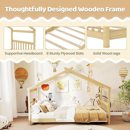 Cama de chão "Twin" com cabeceira e peseira, estrutura de cama de madeira com telhado para meninos e meninas, sem necessidade de box spring,