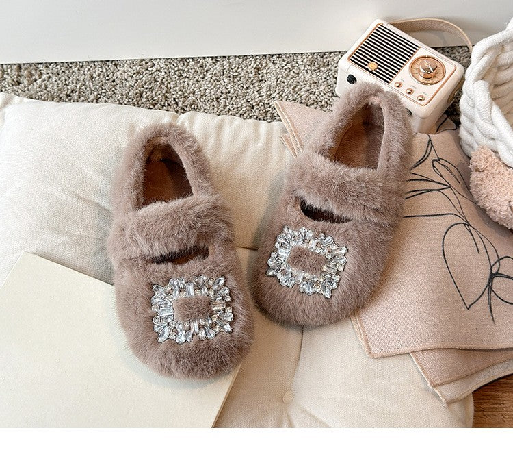 2025 Autumn Winter Children Warm Fur Shoes Fashion Rhinestone Moccasins Flats Outwear Girls Shoes Khaki, Beige, White