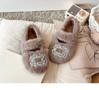 2025 Autumn Winter Children Warm Fur Shoes Fashion Rhinestone Moccasins Flats Outwear Girls Shoes Khaki, Beige, White