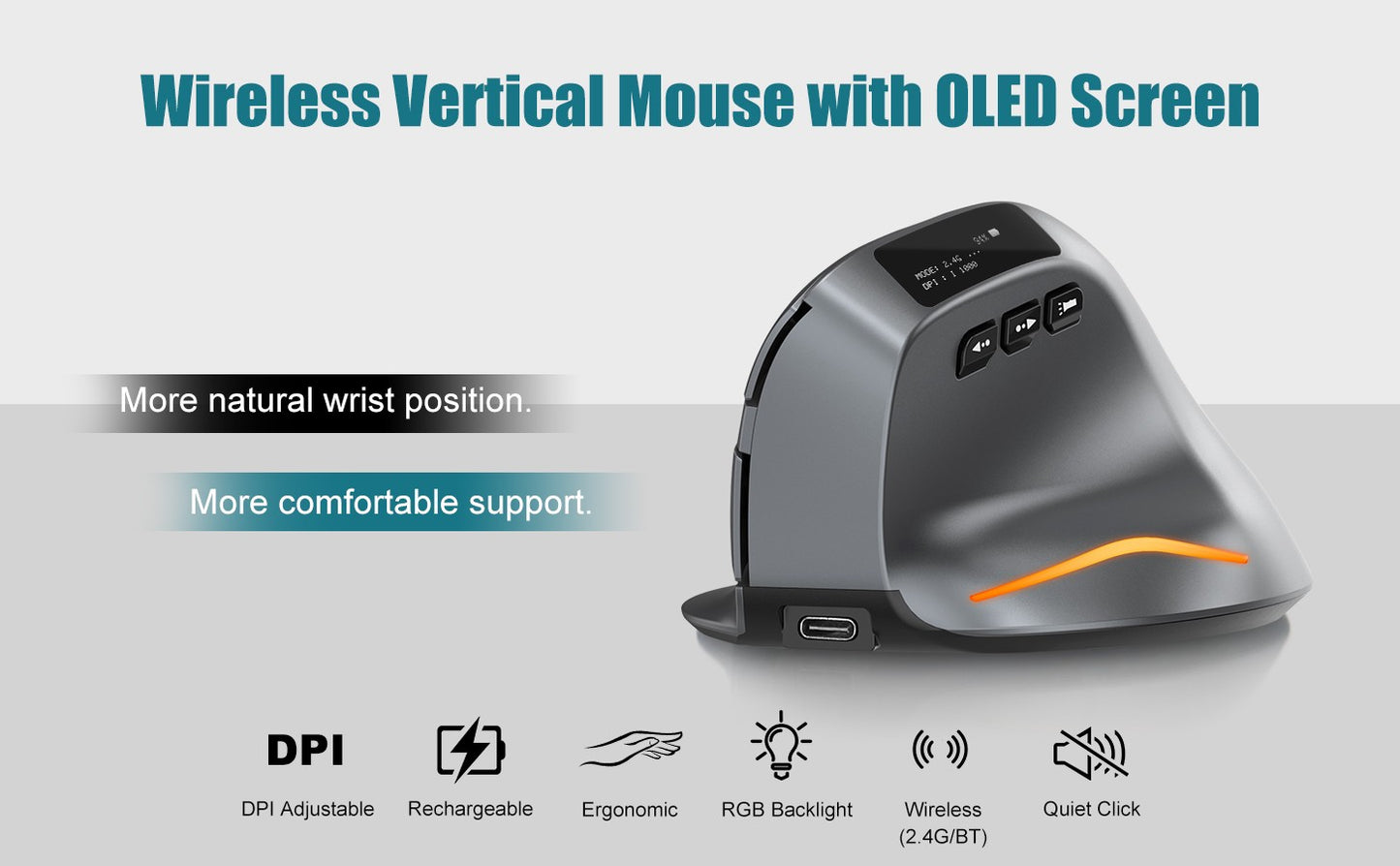 Lefon F26C Vertical Mouse Wireless Bluetooth Ergonomic Mouse with OLED Screen Optical Rechargeable Gaming Mice for PC Laptop