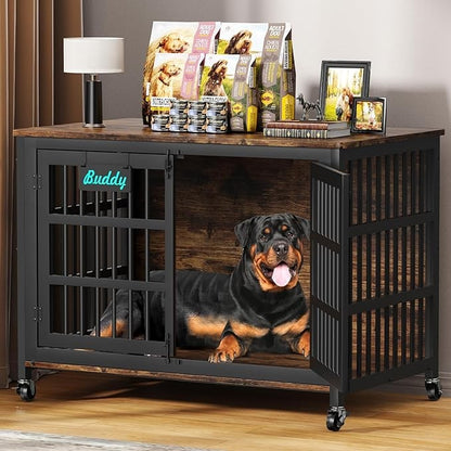 48"/42"/33" Dog Crate Furniture with Name Tag, Heavy Duty Dog Kennel Indoor for Large Dogs, Escape-Proof and Chew-Proof Dog Cag