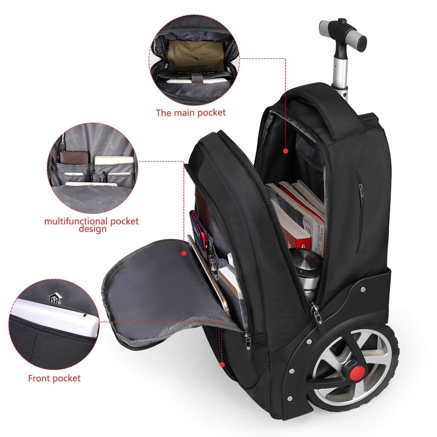 Mochila de Rodinhas de 20 polegadas com Rodas, Malas de Viagem, Bolsas de Carrinho de Grande Capacidade, Mochila Multiuso para Laptop de Mão