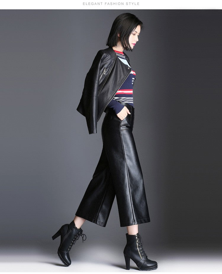 Pu wide leg pants capri women 2022 winter autumn high waist straight leather pants female trousers clothe pantalon femme