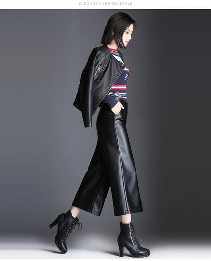 Pu wide leg pants capri women 2022 winter autumn high waist straight leather pants female trousers clothe pantalon femme