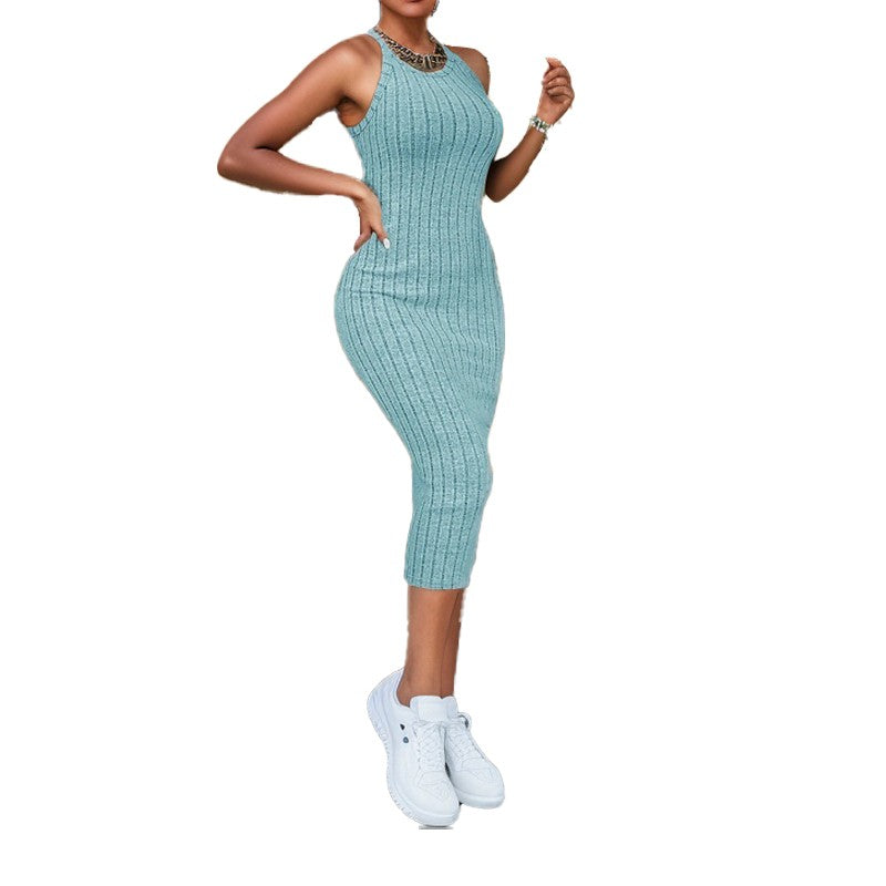 Solid Halter Neck Bodycon Midi Dress High-end temperament vest halter dress wome