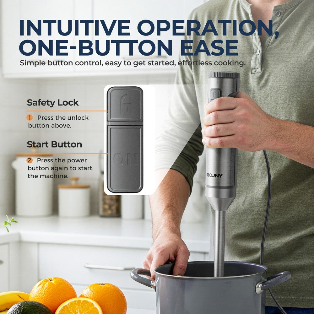 Liquidificador de Imersão Manual 4 em 1 ROUNY 1000W Potente, Mixer de Alimentos em Aço Inox, Copo Medidor de 700ml, Processador de 500ml, Batedor de Claras