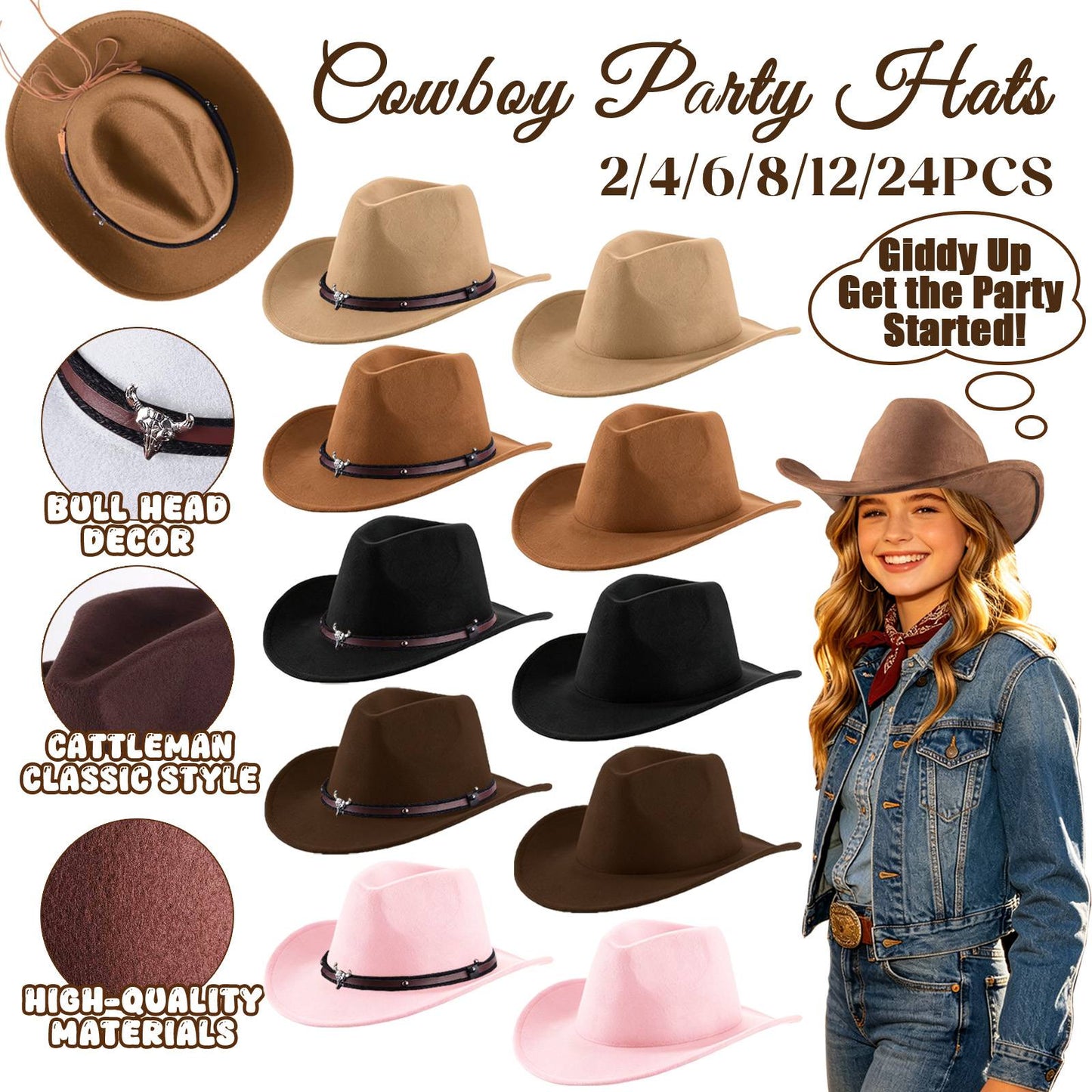 4-24Pcs Western Cowboy Hat for Men Women Adjustable Felt Cowgirl Hats Wide Brim Fedoras Hat for Adult Bachelor Party Costume